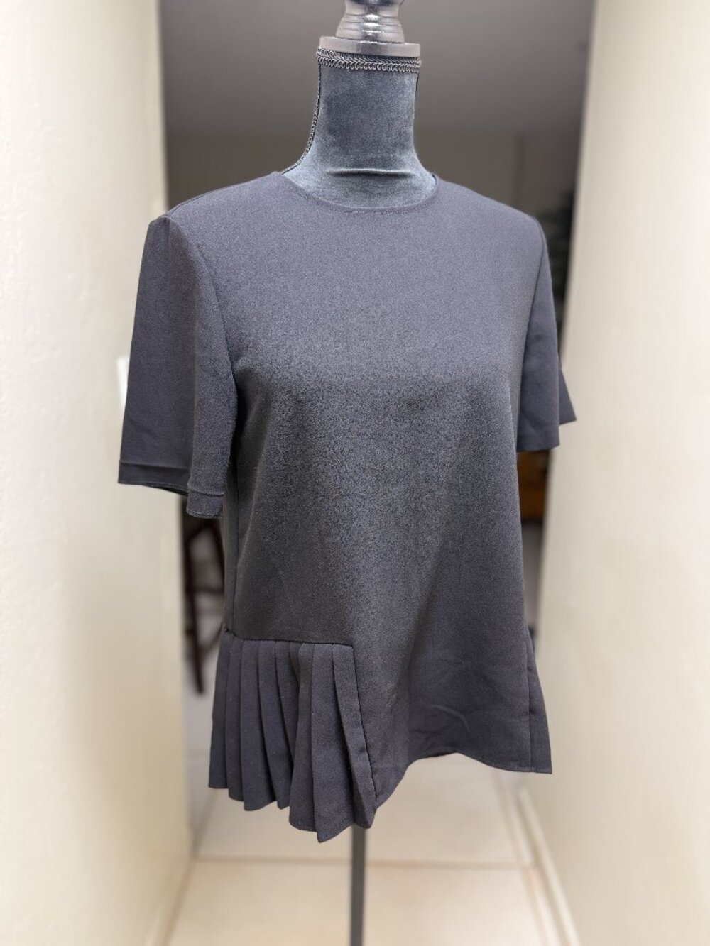 Black Pleated Hem Zara Blouse Women Small Minimalist Short Sleeve Top Elegant